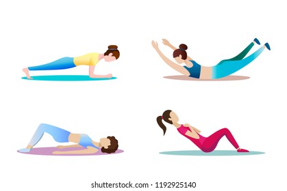 Fitness concept illustration of woman. Fitness and yoga girl icons isolated on white background. Flat design. Minimal design.