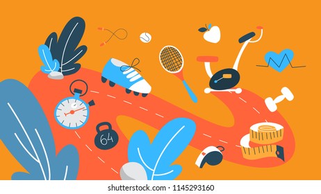 Fitness concept illustration. Workout in the gym. Healthy and active lifestyle. Time for fitness. Set of colourful icons. Flat vector illustration