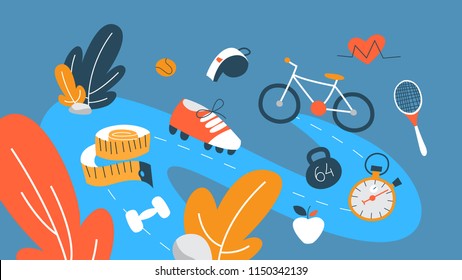 Fitness concept illustration. Workout in the gym. Healthy and active lifestyle. Time for fitness. Set of colourful icons. Flat vector illustration