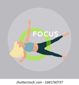 Fitness concept illustration of young woman doing exercise with word Focus. Flat design. Sport banner template.