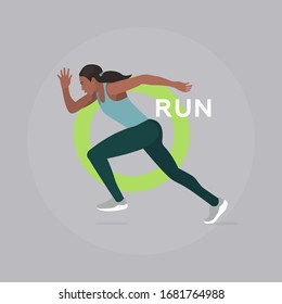 Fitness concept illustration of young woman doing exercise with word Run. Flat design. Sport banner template.