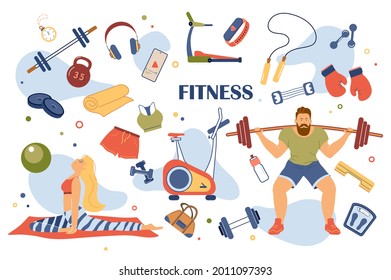 Concepto de fitness conjunto de elementos aislados. Colección de hombre levantando barbero, mujer haciendo yoga, equipamiento de gimnasia, uniforme deportivo, estilo de vida saludable y otros. Ilustración vectorial en diseño de dibujos animados planos