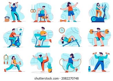 Fitness concept isolated person situations. Collection of scenes with people exercise at gym, doing weightlifting, cycling, doing yoga or jumping rope. Mega set. Vector illustration in flat design