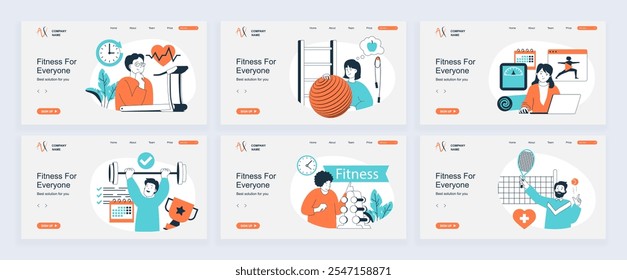 Conceito de aptidão da página inicial com modelos de slide definidos em design plano. Cabeçalhos do site com as pessoas treinam na esteira, exercitando-se com bola de ginástica, perder peso, levantando barbell. Ilustrações vetoriais.