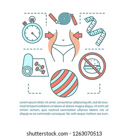 Fitness concept linear vector illustration. Weight loss. Healthy lifestyle. Physical activities. Training and healthy nutrition. Article, brochure, magazine page layout with text boxes. Print design