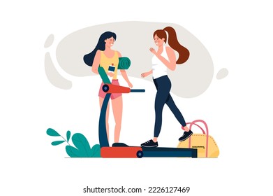 Fitness concept with people scene in the flat cartoon style. Two woman do fitness exercises in the garden. Vector illustration.