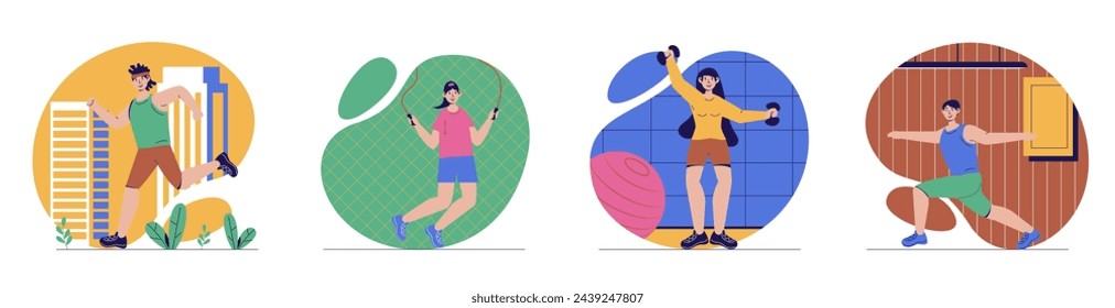 Fitness concept with people scenes set in flat web design. Bundle of character situations with men and women running, exercising with jumping rope, dumbbell training, doing yoga. Vector illustrations.