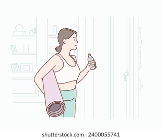 Fitness Concept. Portrait of happy  woman holding water bottle and yoga mat. Hand drawn style vector design illustrations.