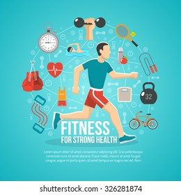 Fitness concept with running man and sports equipment vector illustration