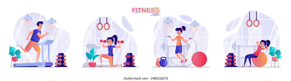 Fitness concept scenes set. Man running on treadmill, woman doing exercises with dumbbells or ball, conducts workout. Collection of people activities. Vector illustration of characters in flat design