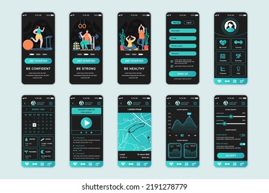 Fitness concept screens set for mobile app template. People doing different sports and workouts at home and in gym. UI, UX, GUI user interface kit for smartphone application layouts. Vector design