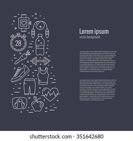 Fitness concept. Set of sport symbols isolated on background with place or your text. Fitness flyer made in line style vector.
