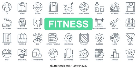 Fitness concept simple line icons set. Bundle of fit, weight, cardio, gym, exercise bike, training, swimming, running, diet and other. Vector pack outline symbols for website or mobile app design