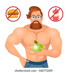Fitness concept with sport bodybuilder Bearded Hipster with glasses and Red Hair. Muscular Fitness models. Useful and harmful food. Vector illustration isolated on white background.