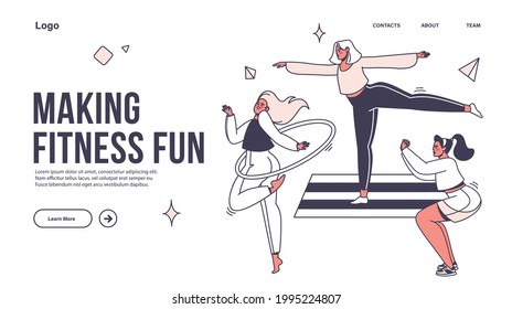Fitness concept. Template for web page, landing page layout. Women go sports, aerobics, gymnastics, rotated hula hoops at waist. Healthy lifestyle, how to stay fit, physical activity, morning exercise