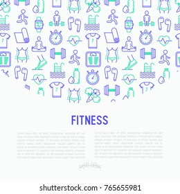 Fitness concept with thin line icons of running, dumbbell, waist, healthy food, swimming pool, pulse, wireless earphones, sportswear, yoga. Modern vector illustration for web page.