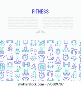 Fitness concept with thin line icons of running, dumbbell, waist, healthy food, swimming pool, pulse, wireless earphones, sportswear, yoga. Modern vector illustration for print media, web page.
