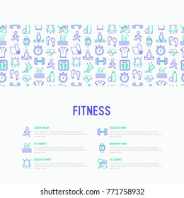 Fitness concept with thin line icons of running, dumbbell, waist, healthy food, swimming pool, pulse, wireless earphones, sportswear, yoga. Modern vector illustration for web page.