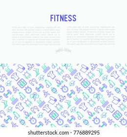 Fitness concept with thin line icons of running, dumbbell, waist, healthy food, swimming pool, pulse, wireless earphones, sportswear, yoga. Modern vector illustration for print media, web page.