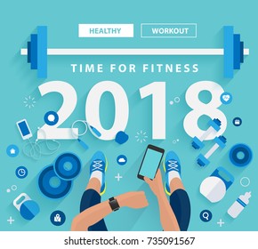 Fitness concept of fitness training 2018 new year, vector illustration modern layout template design