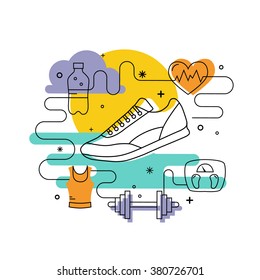 Fitness concept of fitness training, running shoes in outline style. Illustration with run sport icons and fitness training design elements. Vector fitness training running shoes for banners, posters. - Shutterstock ID 380726701