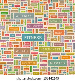 FITNESS. Concept vector illustration. Word cloud with related tags and terms. Graphic tag collection. Wordcloud collage. 