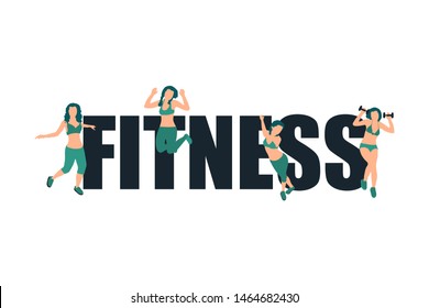 Fitness concept vector sport illustration with young girls workout with equipment. Lifestyle design strong women character training. Big letters fitness. Flat landing page, banner,  promotion poster