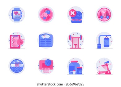 Fitness concept web flat color icons with shadow set. Pack pictograms of healthy diet, cycling, scales, gym, pool, basketball and other. Vector illustration of symbols for website mobile app design