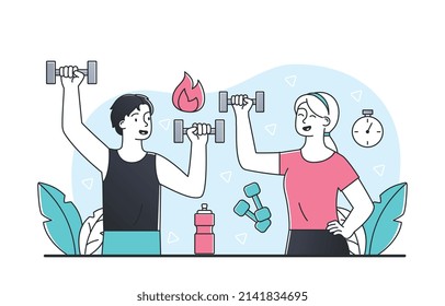 Fitness couple concept. Man and girl do strength training with dumbbells, characters strengthen their shoulders. Active lifestyle and sports, athletes at home. Cartoon flat vector illustration