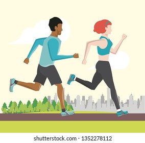 Fitness couple friends running