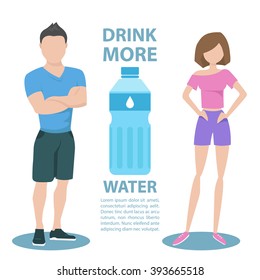 Fitness couple with inscription Drink more water. Healthy lifestyle concept. Motivation poster template. Bottle of water. Flat style vector illustration.