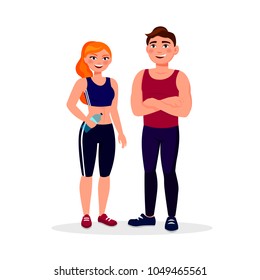 Fitness couple isolated on white background. Smiling man and woman in good shape dressed in sportswear vector illustration in flat design style.
