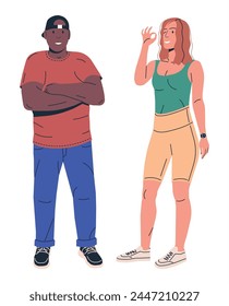 Pareja de fitness aislada en blanco. Modelo Fitness y Bodybuilder. Hombre y mujer en forma. Personajes deportivos masculinos musculosos afroamericanos y femeninos delgados caucásicos. Ilustración vectorial plana de dibujos animados