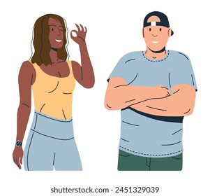 Pareja de fitness aislada en blanco. Modelo Fitness y Bodybuilder. Hombre y mujer en forma. Personajes deportivos masculinos musculosos afroamericanos y femeninos delgados caucásicos. Ilustración vectorial plana de dibujos animados