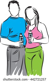 fitness couple man and woman with bottles of water illustration