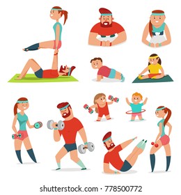 Fitness couple man and woman doing exercise. Family workout vector cartoon illustration isolated on a white background. Healthy lifestyle set.