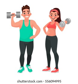 Fitness couple. Man and woman dressed in sports clothes for the gym, doing exercises with dumbbells. The concept of a healthy lifestyle. Vector illustration in cartoon style