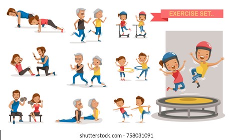 Fitness couple set. Different gesture activities. Children, adults, older. Vector illustrations isolated on white background.