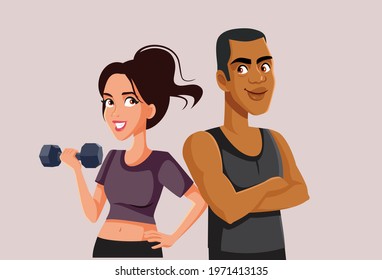 Fitness Couple Standing Together Vector Illustration. Sporty active man and woman exercising staying in shape and good health
