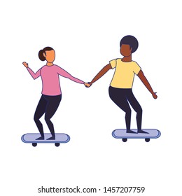 fitness couple training skateboard extreme sport cartoons isolated vector illustration graphic design
