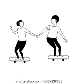 fitness couple training skateboard extreme sport cartoons isolated vector illustration graphic design
