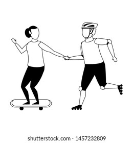 fitness couple training skateboard and skates sport cartoons isolated vector illustration graphic design