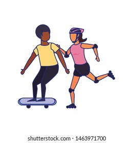 fitness couple training skateboard and skates sport cartoons isolated vector illustration graphic design