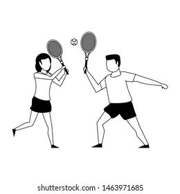 fitness couple training tennis sport cartoons isolated vector illustration graphic design