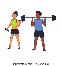 fitness couple training weights lifting sport cartoons isolated vector illustration graphic design
