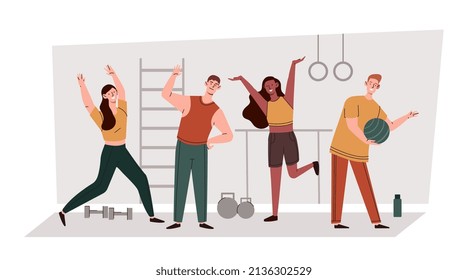 Fitness dance class concept. Young men and women play sports, exercise and lead active lifestyle. Group of people in gym training. Aerobics for strong characters. Cartoon flat vector illustration