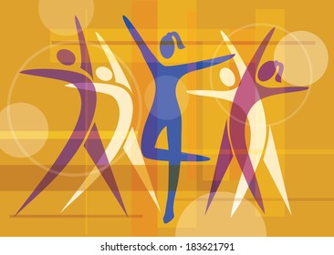 Fitness dancing colorful background. Colorful background with group of fitness or ballet dancers. Vector illustration. 