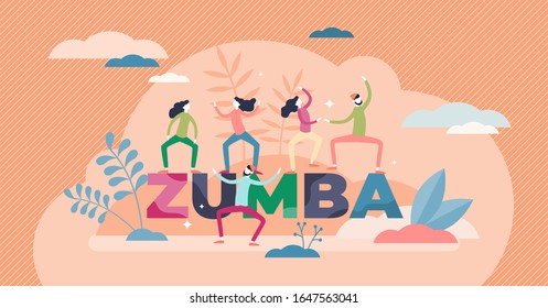 Fitness dancing concept, flat tiny persons vector illustration. Energetic workout people activity, a group of male and female dancers. Fun musical rhythm gym exercise session.