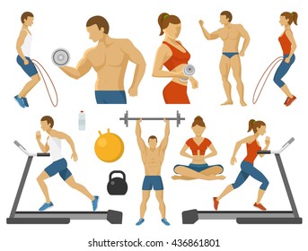 Fitness decorative flat icons set with man woman treadmill ball water weight yoga dumbbell isolated vector illustration