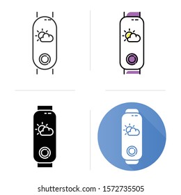 Fitness device with weather forecast function icons set. Portable active lifestyle gadget with meteorology indicator on display. Linear, black and color styles. Isolated vector illustrations